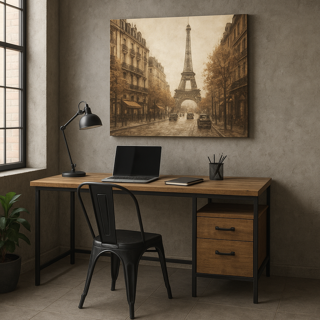 Tableau industriel : comment choisir une toile pour un salon, un bureau ou une chambre ? 3 Bureau décoré avec un tableau industriel