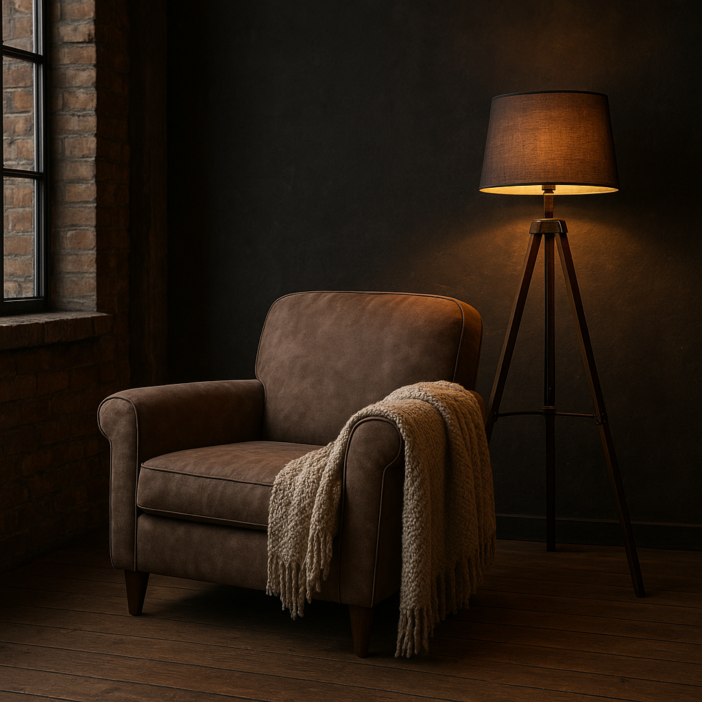 Décoration salon industriel : 15 idées pour un espace chaleureux et plein de caractère 3 Coin lecture cosy avec lampadaire industriel dans un salon