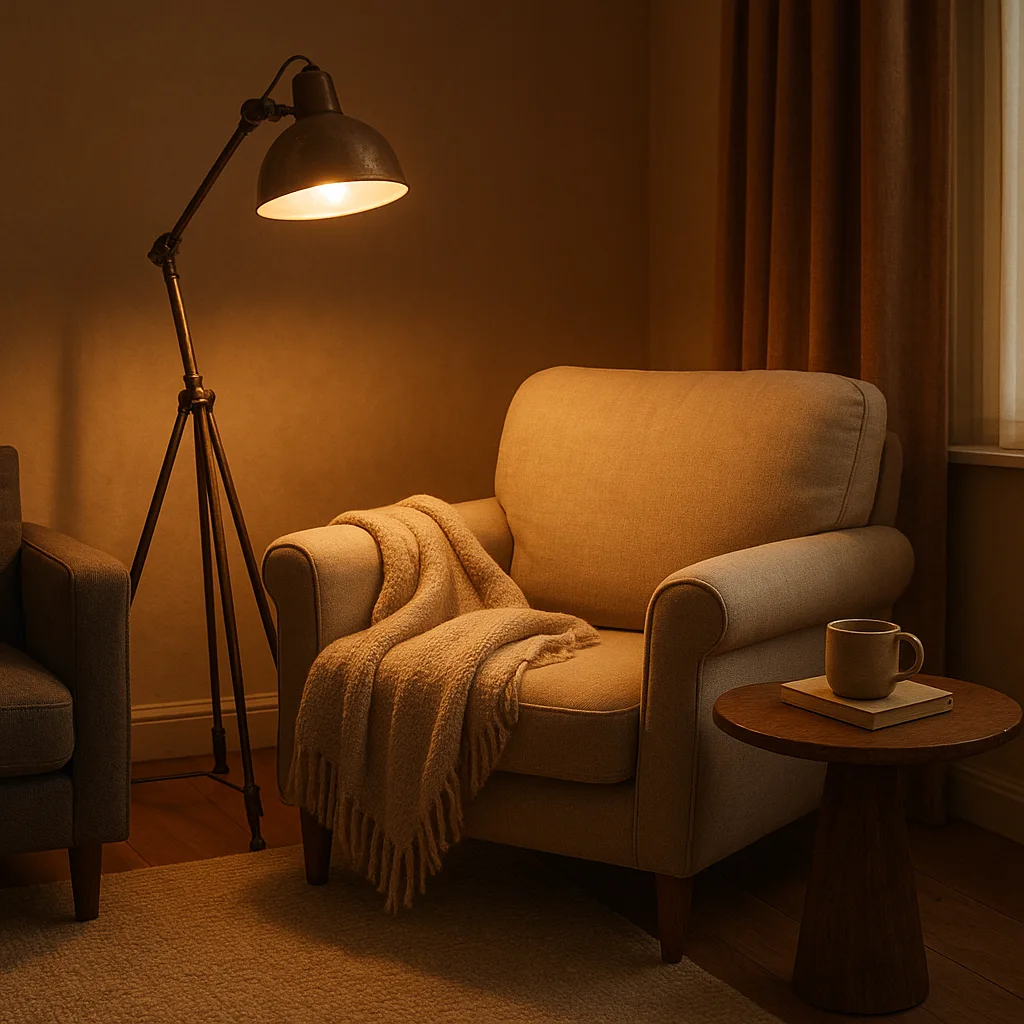 Coin lecture équipé d’un lampadaire industriel pour une lumière d’ambiance