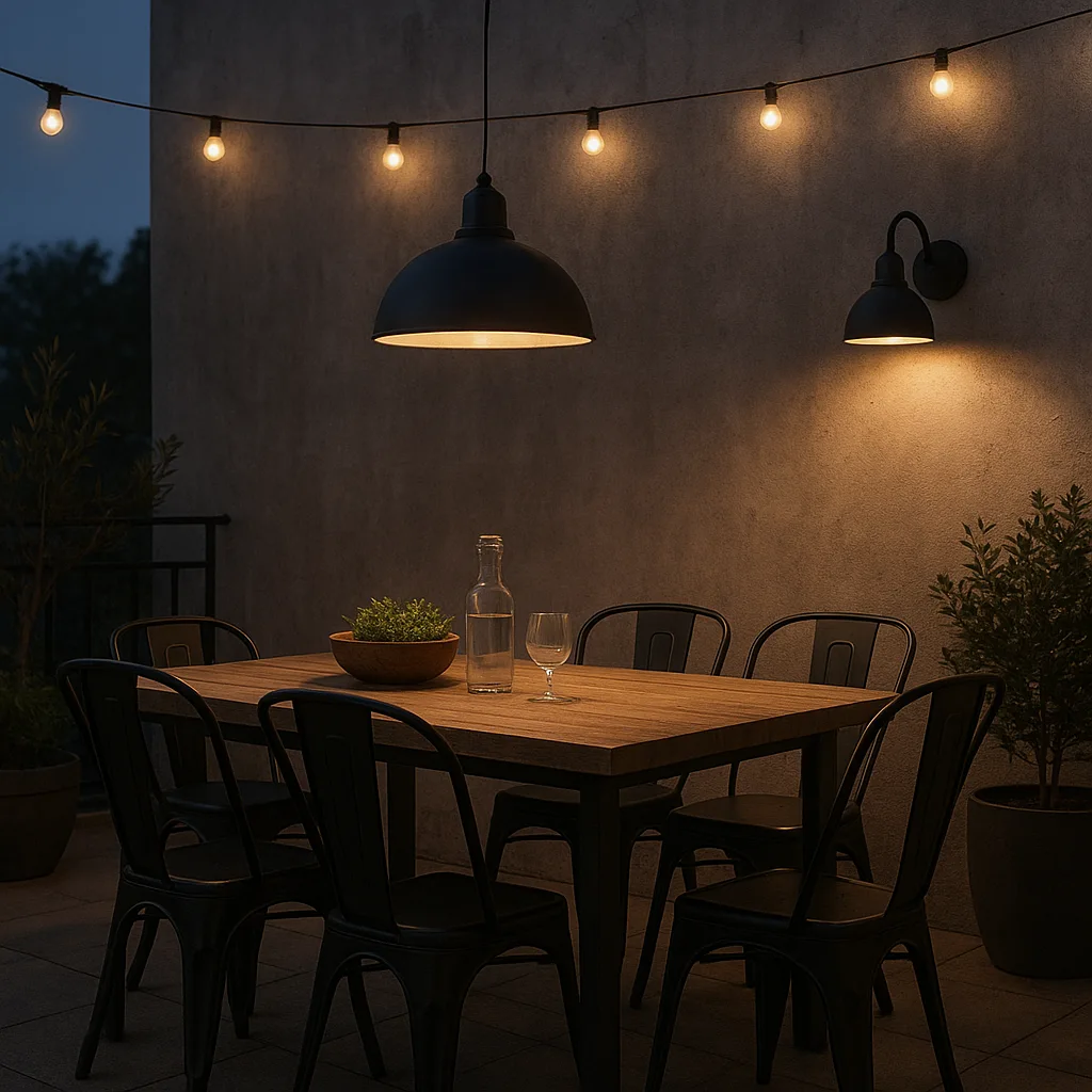 Terrasse industrielle : idées d’aménagement pour un extérieur brut et convivial 3 Coin repas lumineux sur terrasse industrielle conviviale