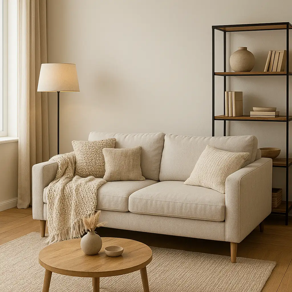 Coin salon avec textiles chaleureux pour adoucir le style industriel