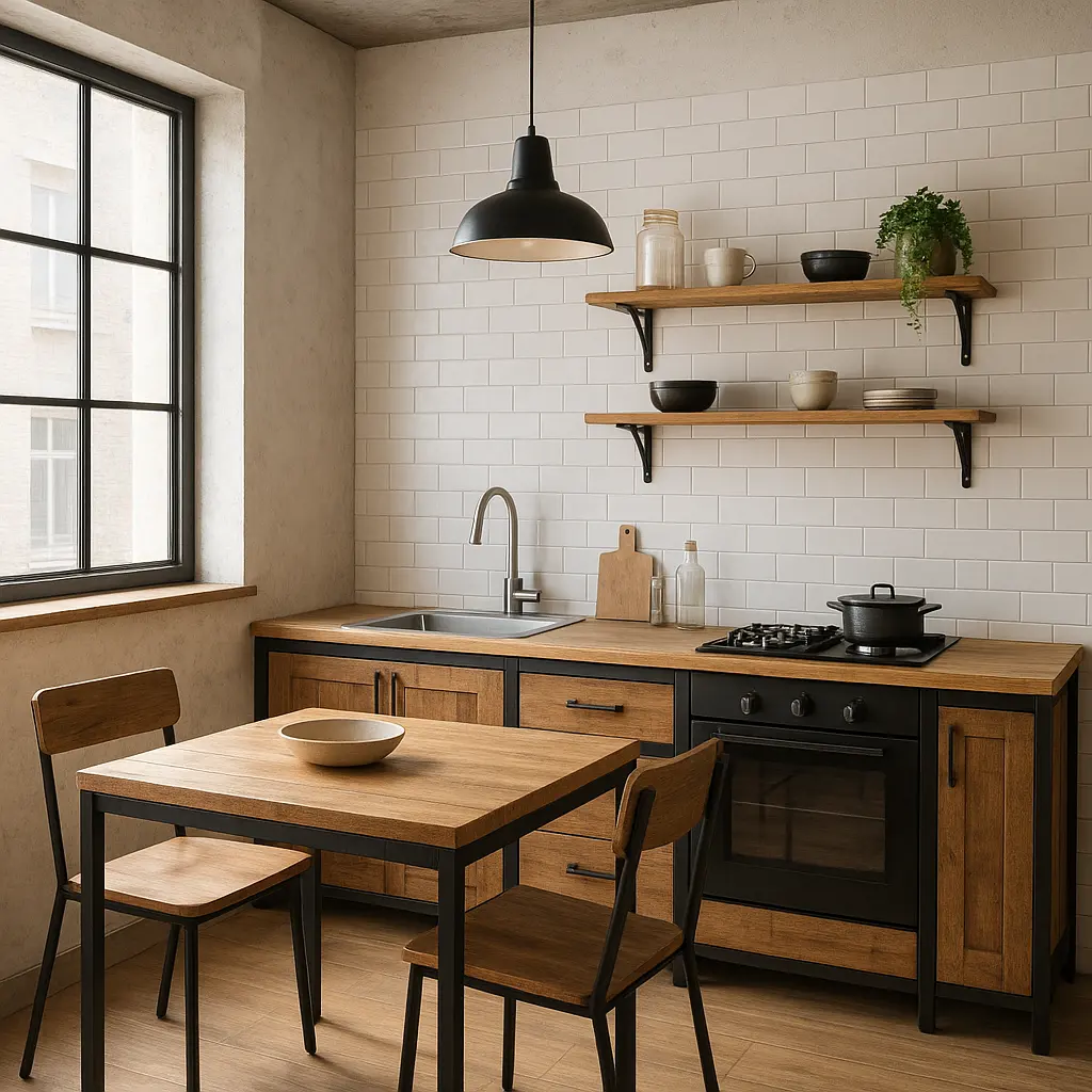 Cuisine compacte industrielle avec rangements muraux et lumière claire