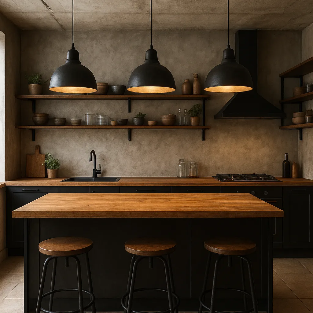 Cuisine style industriel : les codes, les erreurs à éviter et les meilleures associations 2 Cuisine industrielle avec bois et métal noir