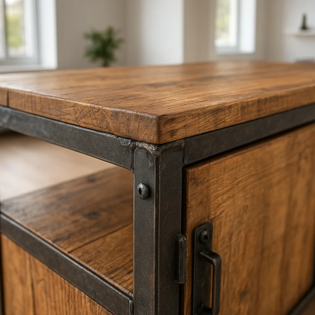 Détail d’un mobilier industriel en bois massif et métal noir