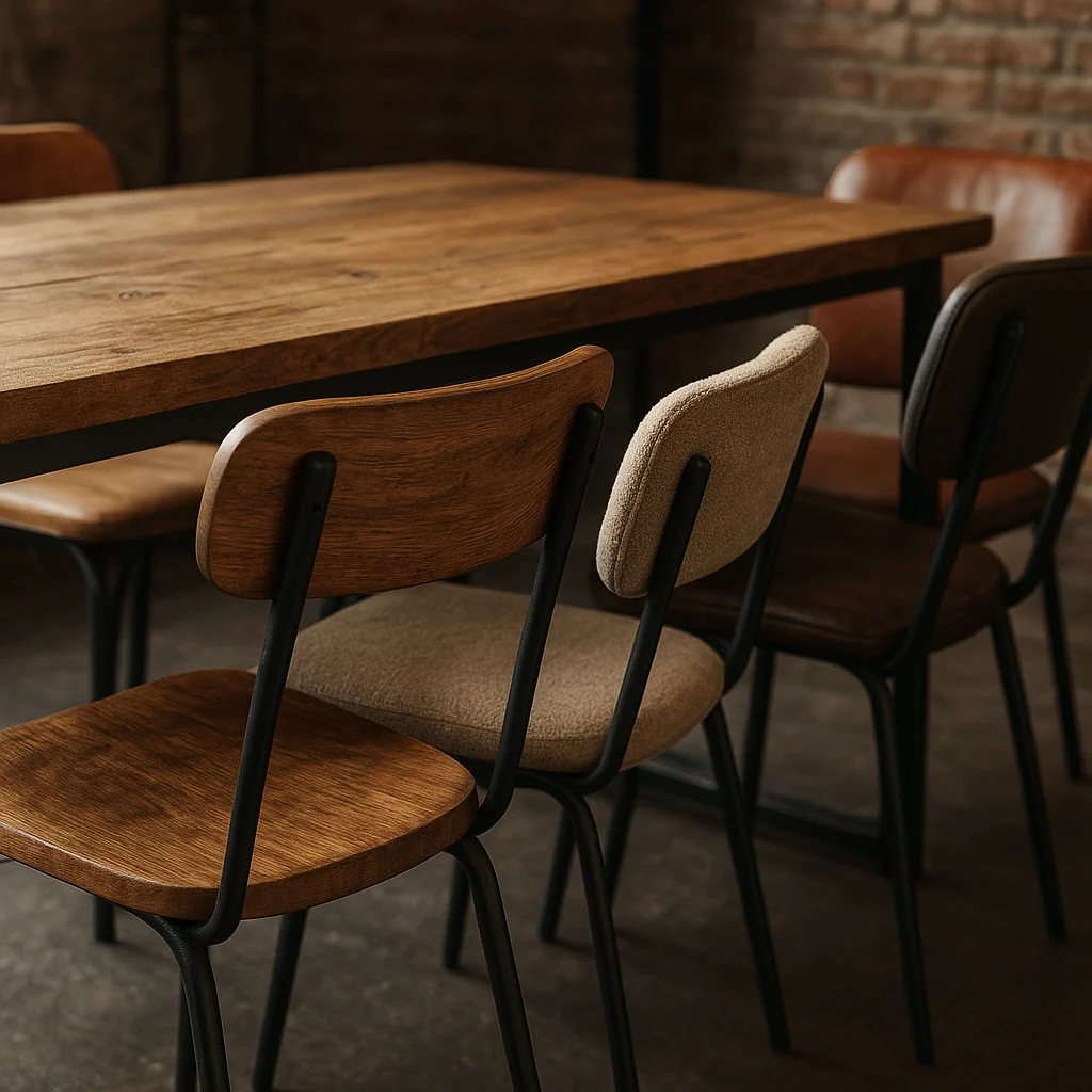 Différents styles de chaises autour d’une table industrielle bois métal