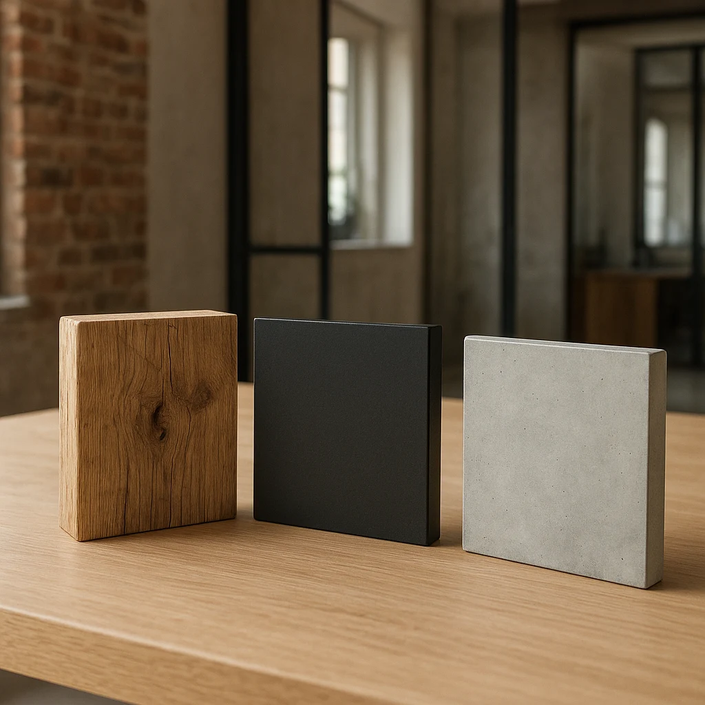Échantillons de bois, métal et béton pour un intérieur industriel
