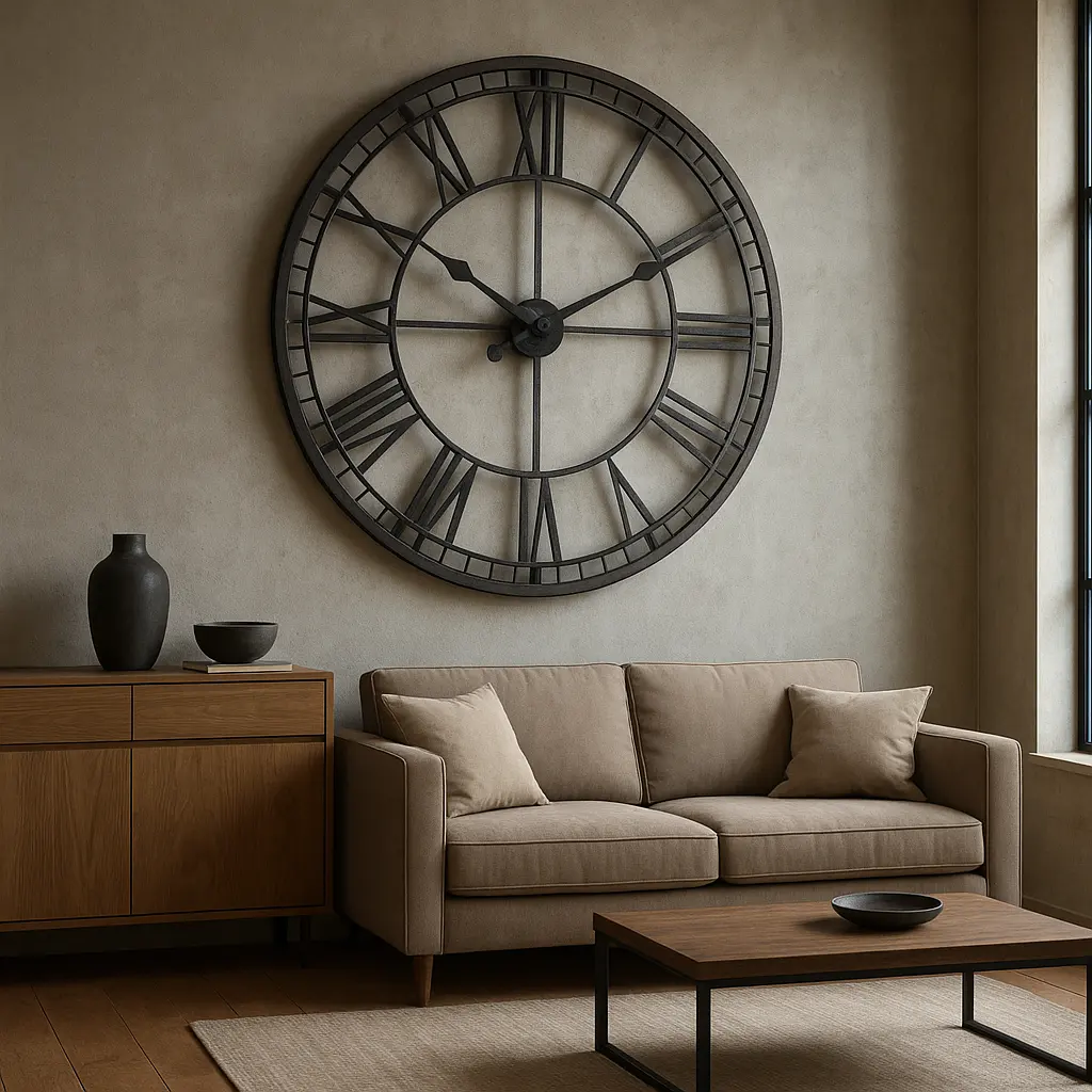 Exemple de placement d’une horloge industrielle dans le salon