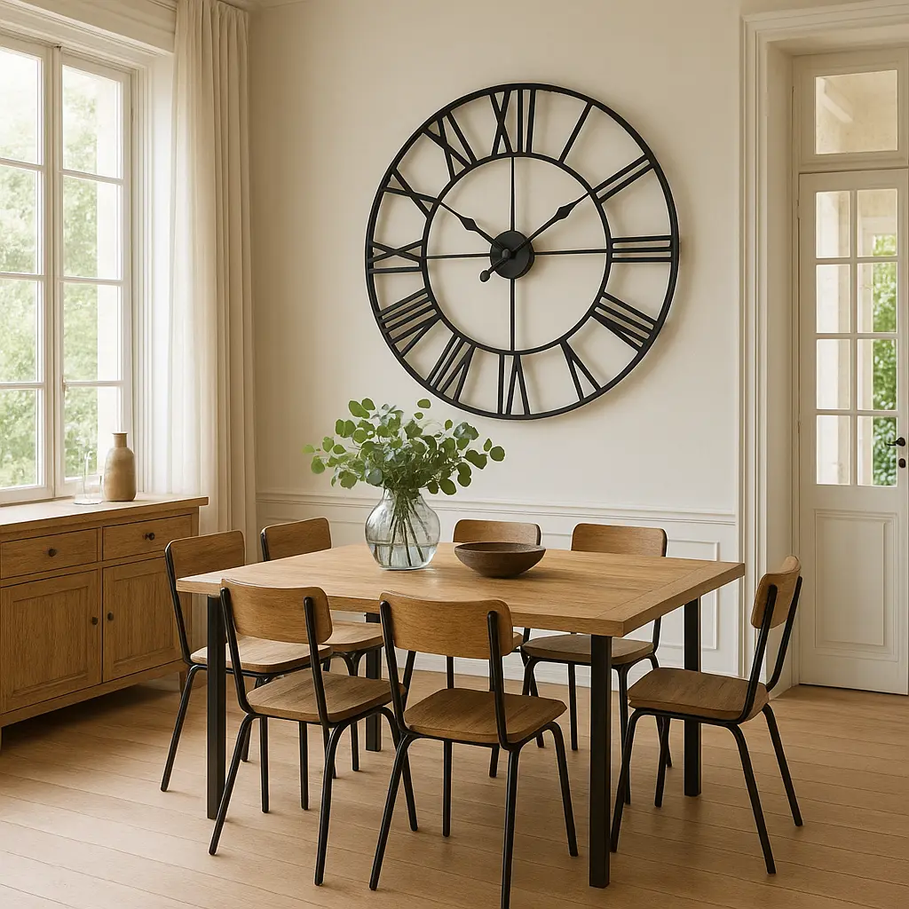Horloge industrielle murale dans une salle à manger lumineuse