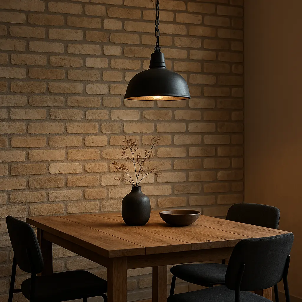 Intérieur avec imitation brique et décoration industrielle harmonieuse
