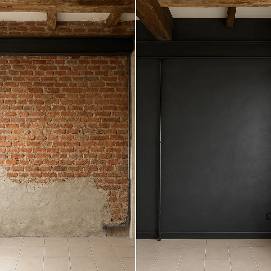 Comment rénover un mur pour lui donner un esprit industriel ? 2 Mur rénové en style industriel avec briques et enduit effet béton