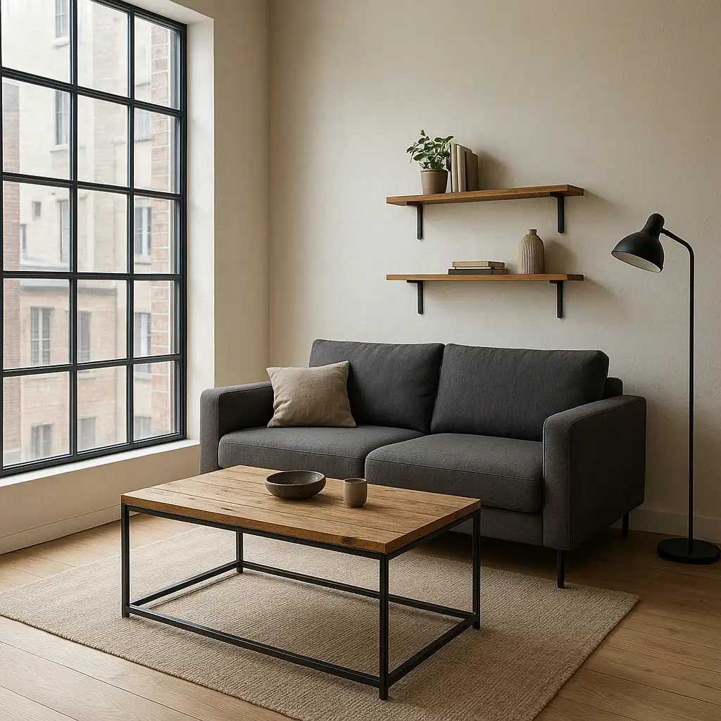 Petit salon au style industriel avec mobilier compact et murs clairs