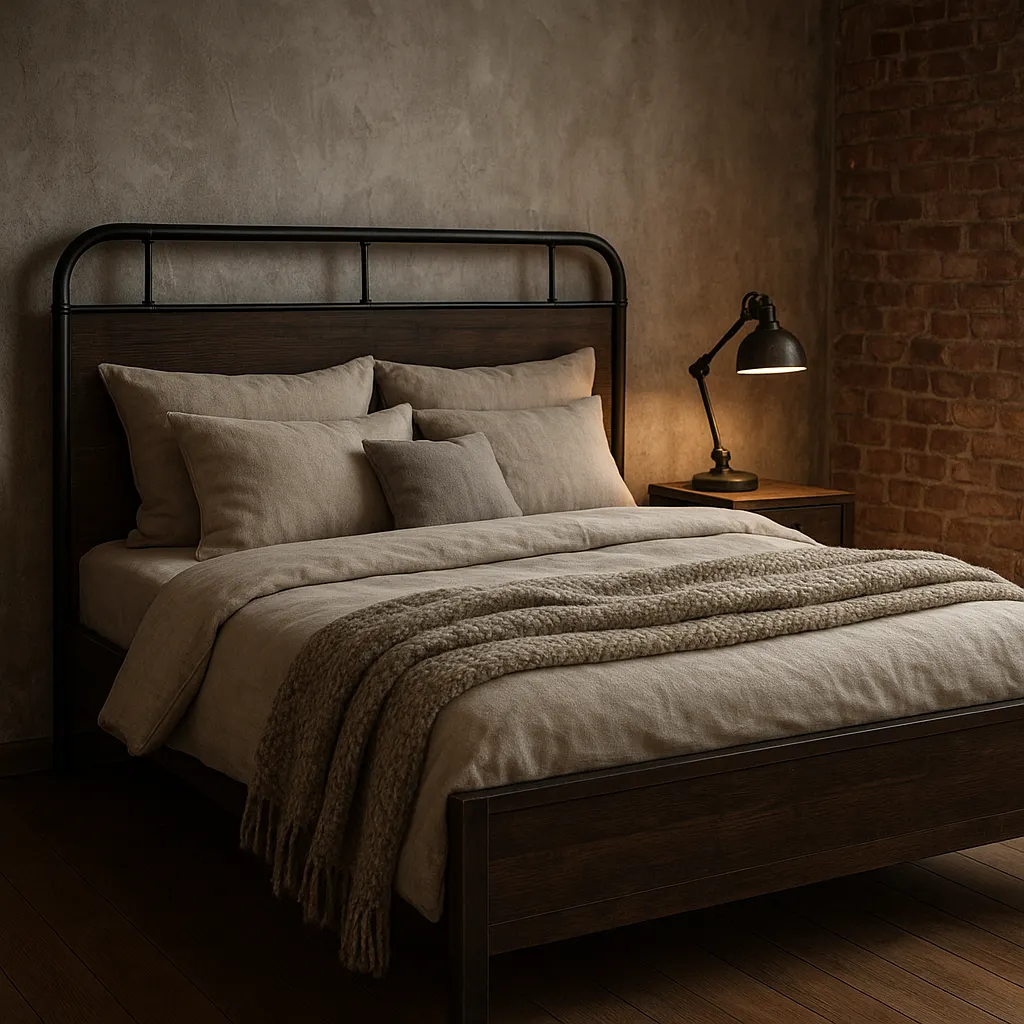 Plaid industriel dans une chambre de style loft avec matières naturelles