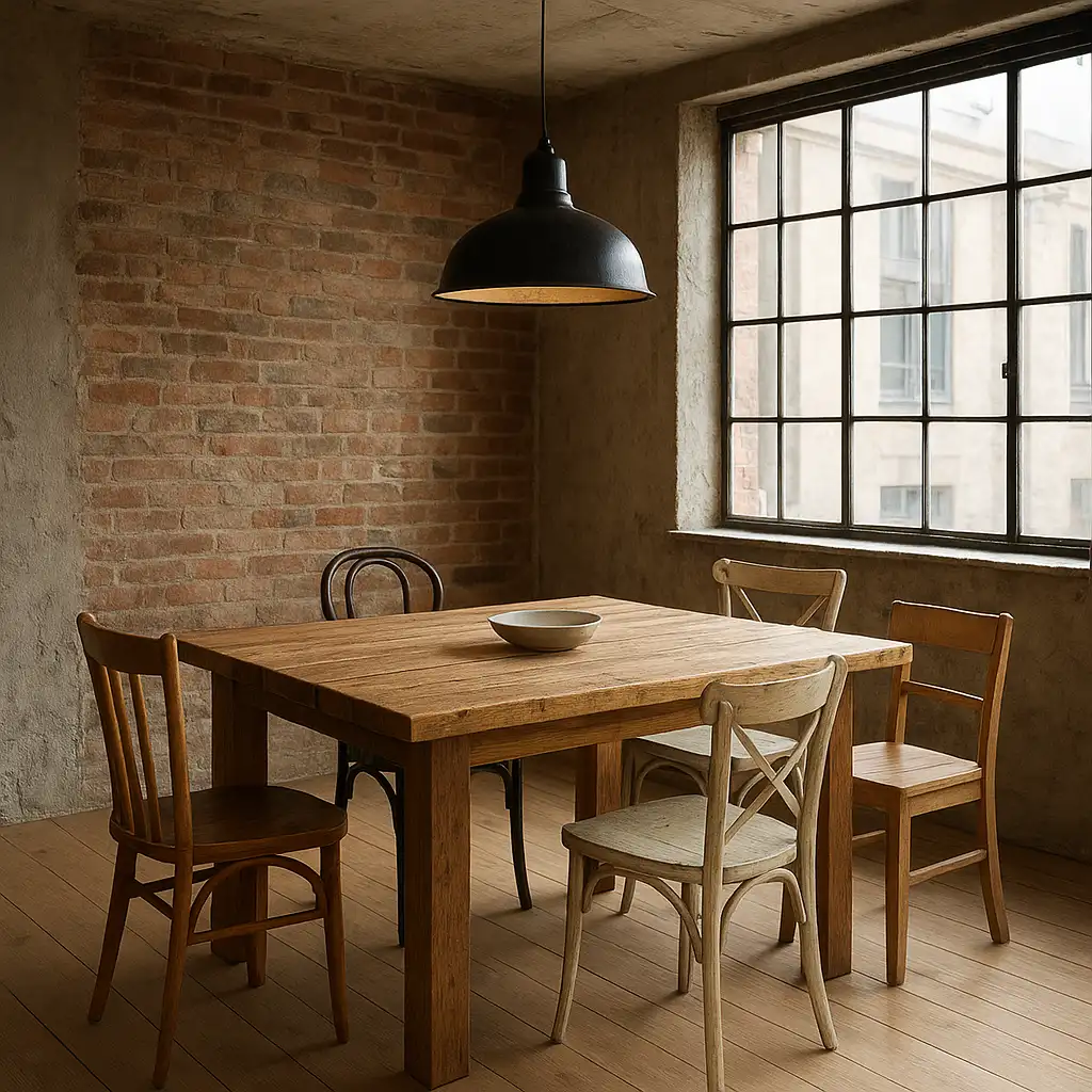 Déco industrielle pas chère : les meilleures astuces pour un rendu stylé sans gros budget 3 Salle à manger avec suspension industrielle et table bois métal