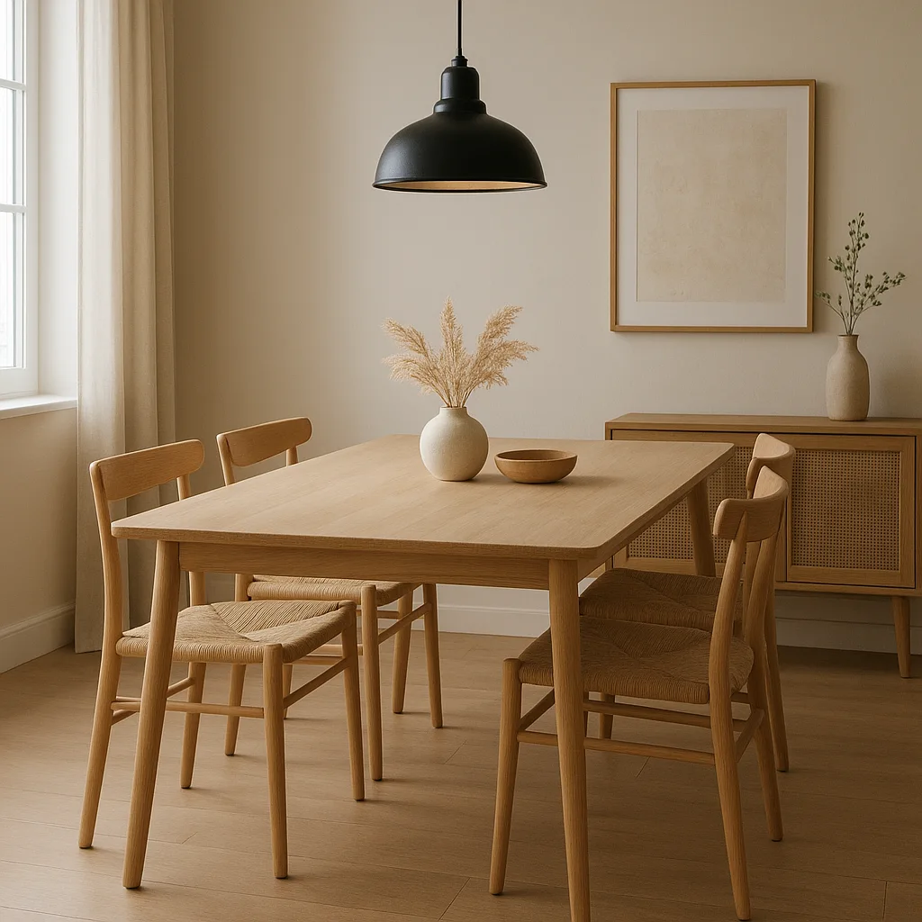 Salle à manger déco industrielle et scandinave avec table bois clair et suspension noire