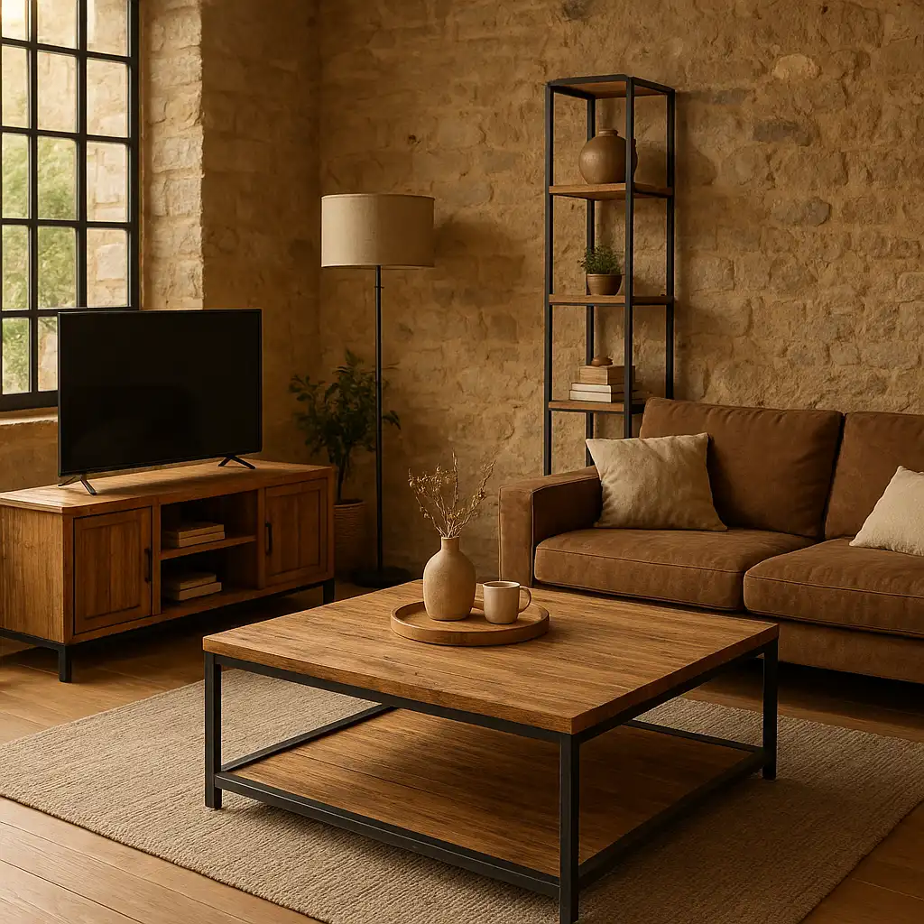 Salon avec meuble DIY au style industriel