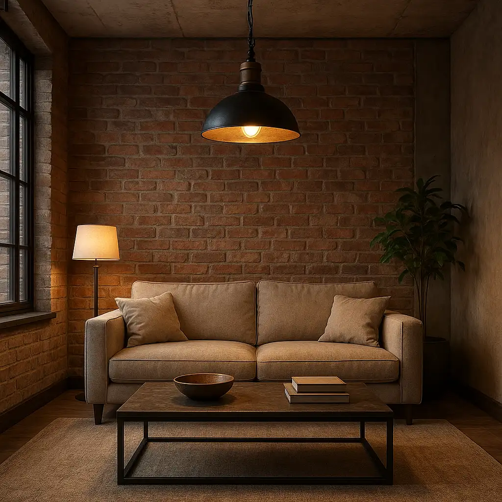 Salon avec plafonnier industriel noir et bois