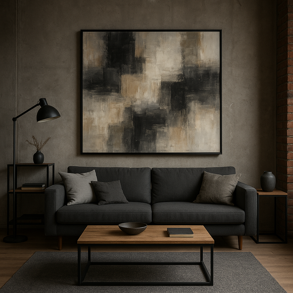 Tableau industriel : comment choisir une toile pour un salon, un bureau ou une chambre ? 2 Salon avec tableau industriel au-dessus du canapé