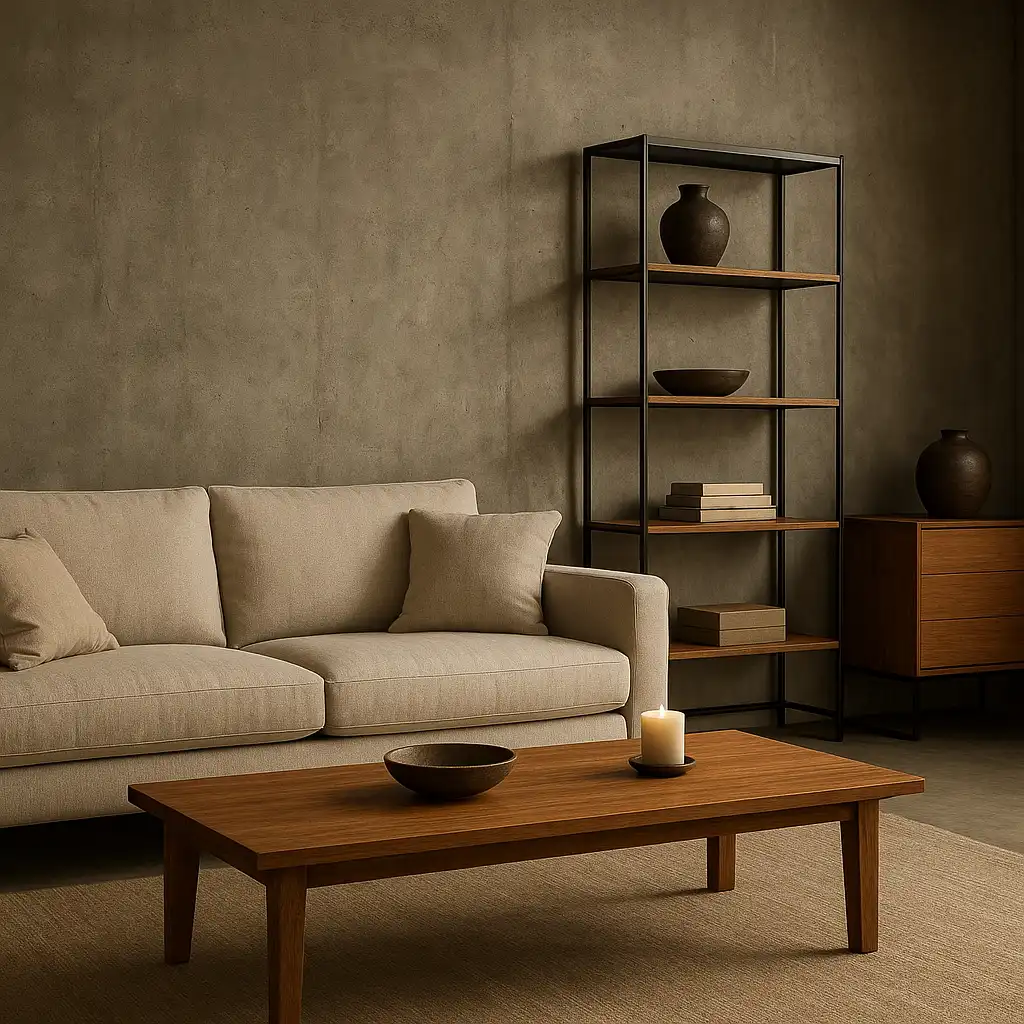 Salon harmonieux avec bois, métal et béton dans le style industriel