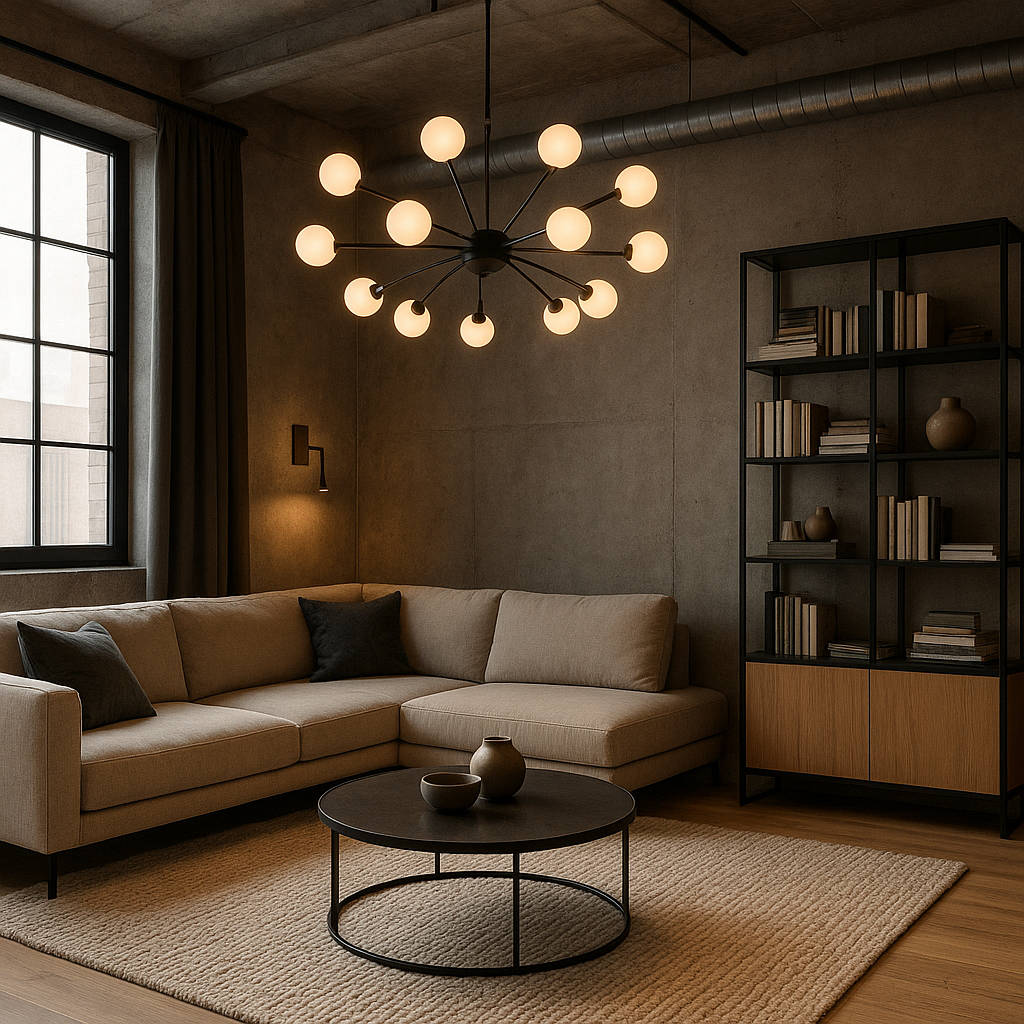 Déco industrielle 2026 : ce qui change vraiment cette année ! 3 Salon loft industriel revisité avec luminaires contemporains