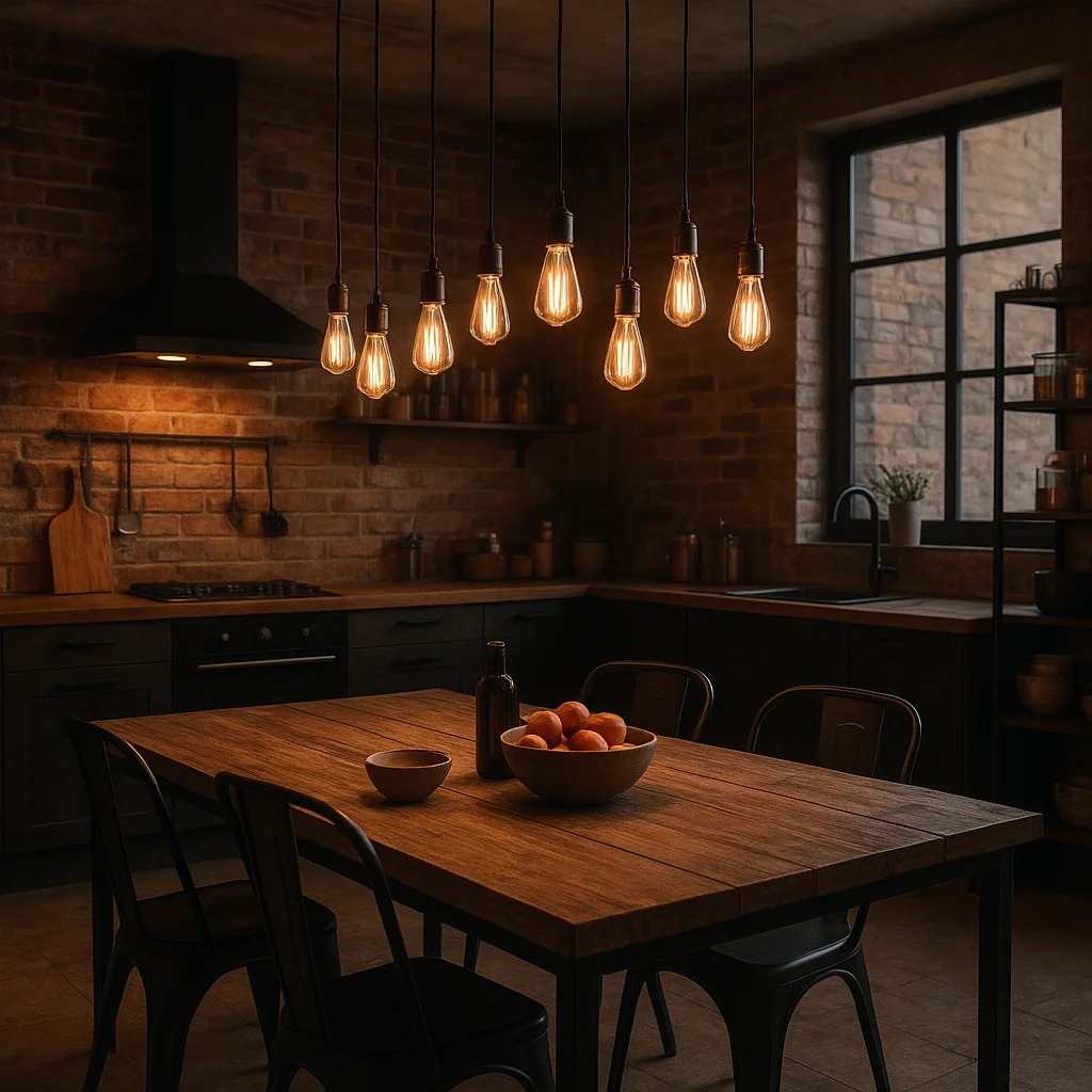 Suspension Edison au-dessus d’une table industrielle