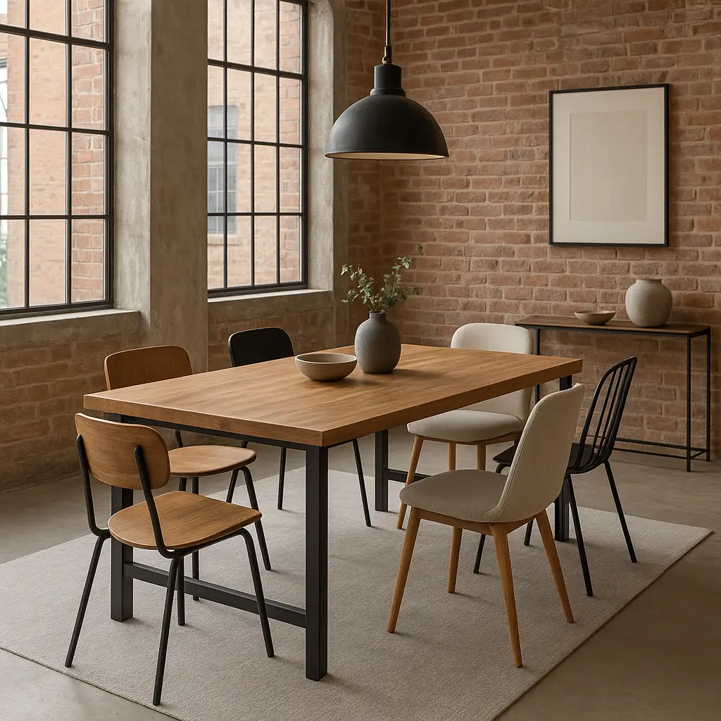 Table industrielle et chaises design dans une salle à manger harmonieuse