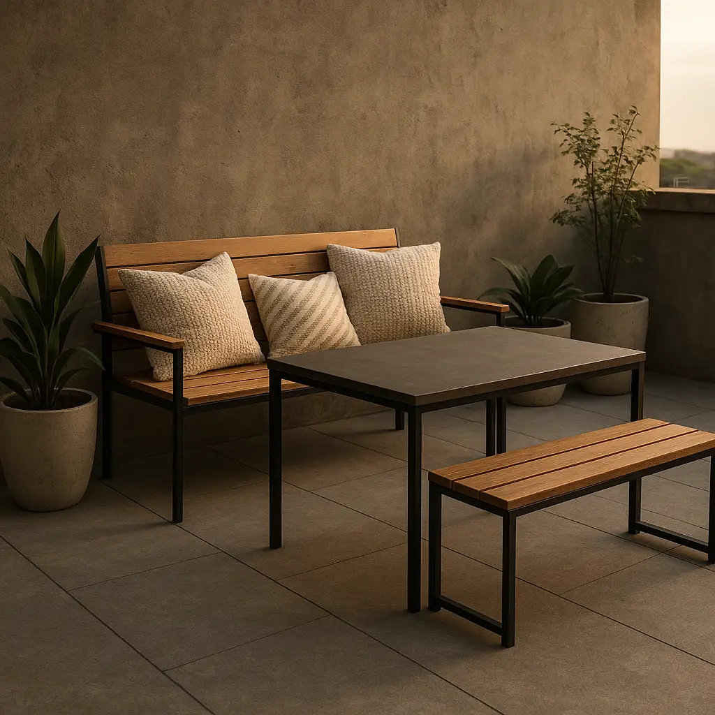 Terrasse industrielle : idées d’aménagement pour un extérieur brut et convivial 2 Terrasse industrielle avec matériaux bruts et mobilier en métal et bois